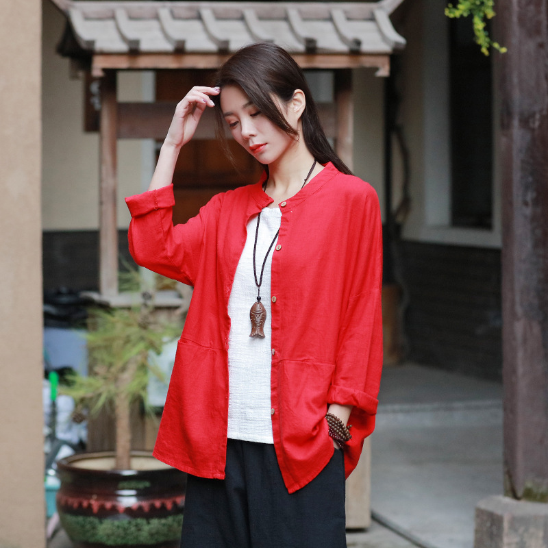 2026 Spring Cotton and Linen Women's Clothing Artistic Retro Linen Cardigan Women's Solid Color Loose Patchwork Jacket