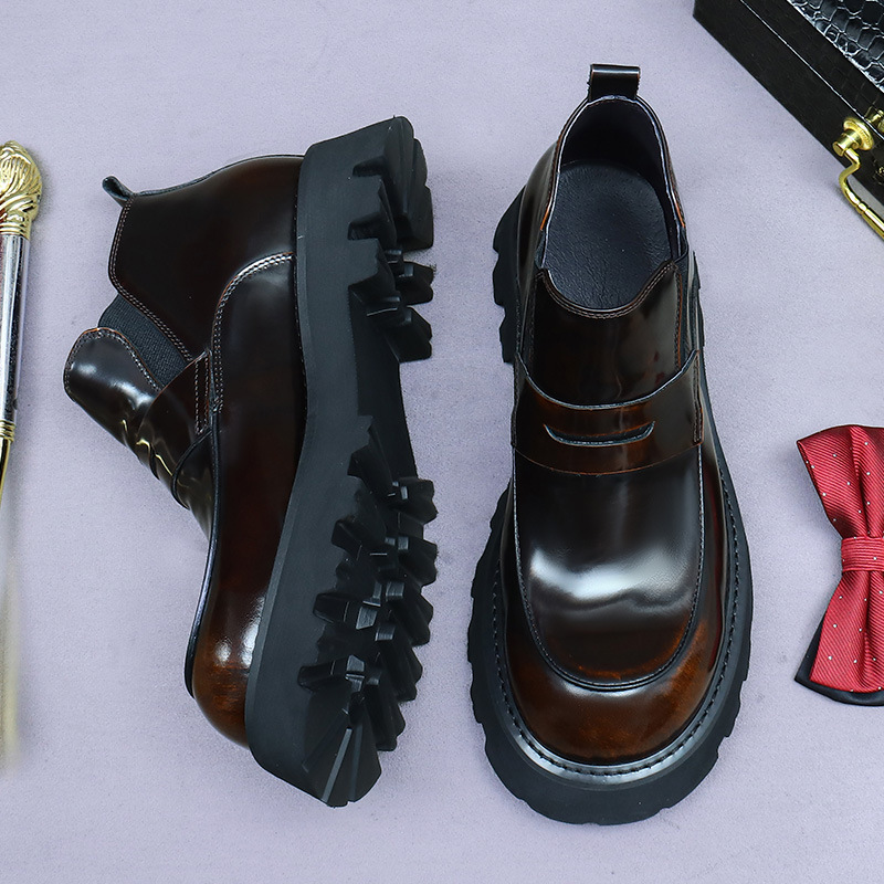 [Genuine Leather] Chelsea Boots for Men, Thick-Soled, Height-Increasing, British Style, Patent Leather, Glossy Business Leather Shoes, Slip-On Leather Boots for Men