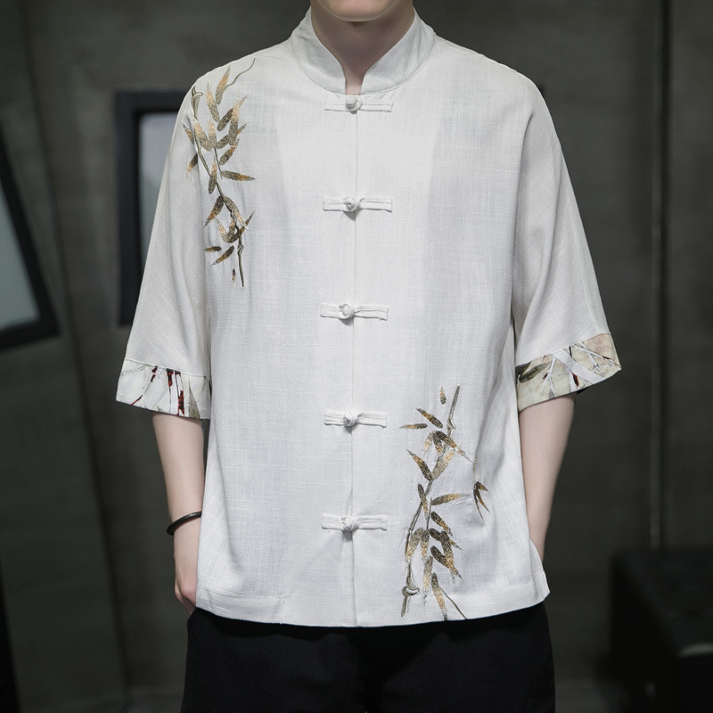 Summer Chinese style linen shirt men's short sleeve shirt Chinese style improved Hanfu Tang suit embroidered cotton linen half sleeve top