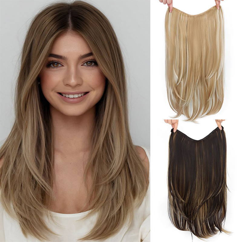 Wig for Women with U-Shaped Inner Buckle, Layered Perm, Long Curly Hair, One-Piece Invisible Traceless Long Straight Hair Extensions, Artificial Wig