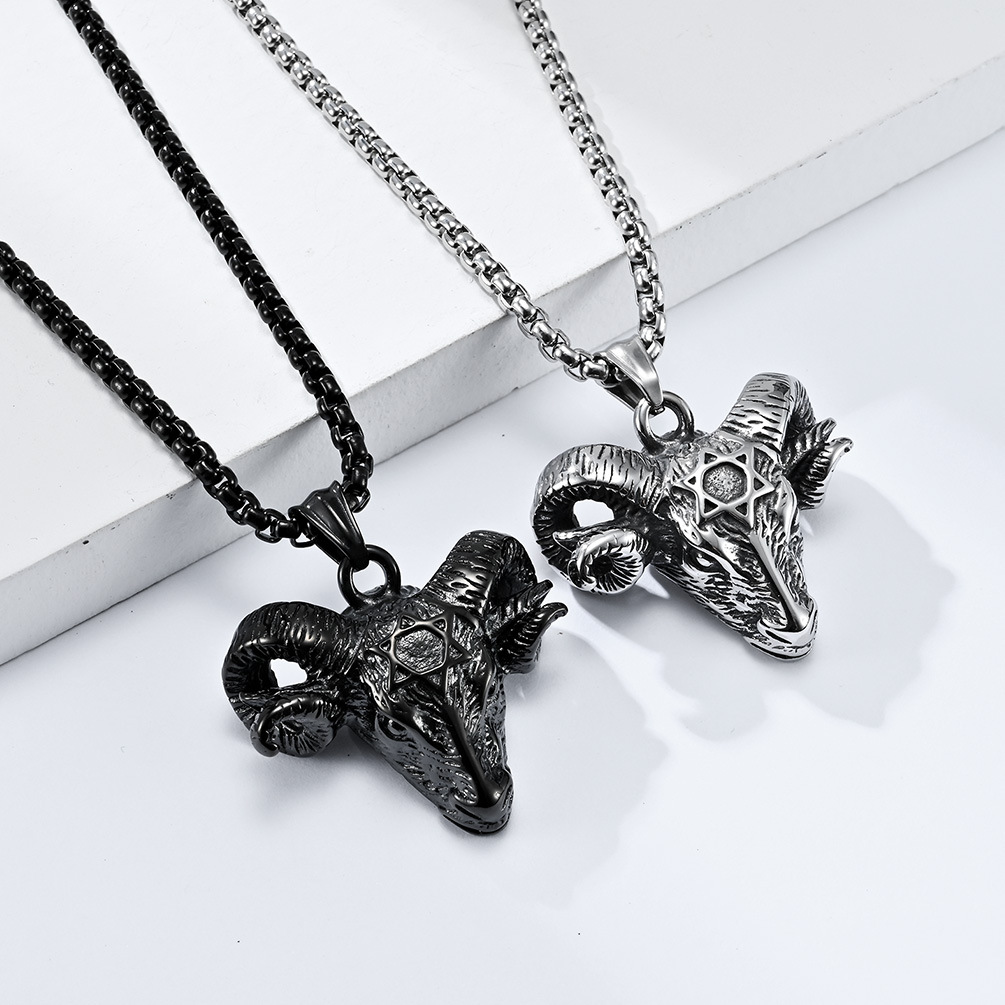 Cross-border European and American Retro Satan Goat Head Titanium Steel Necklace Niche Personality Pentagram Devil Goat Pendant