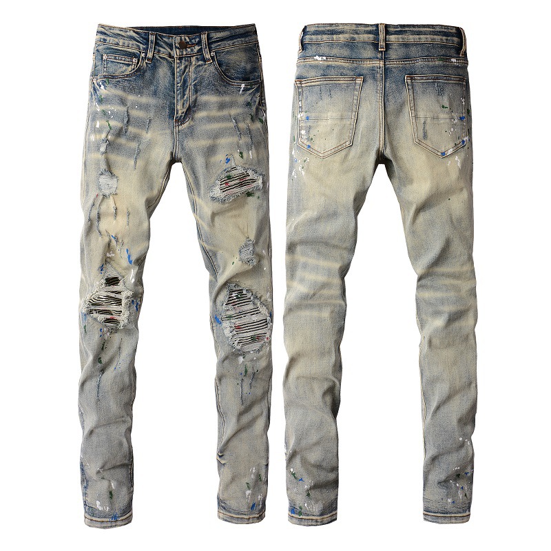 European and American Jeans Men's 98 Cotton + 2 Spandex Men's Pants High Street Graffiti Ripped Elastic Slim Fit Men's Pants 883