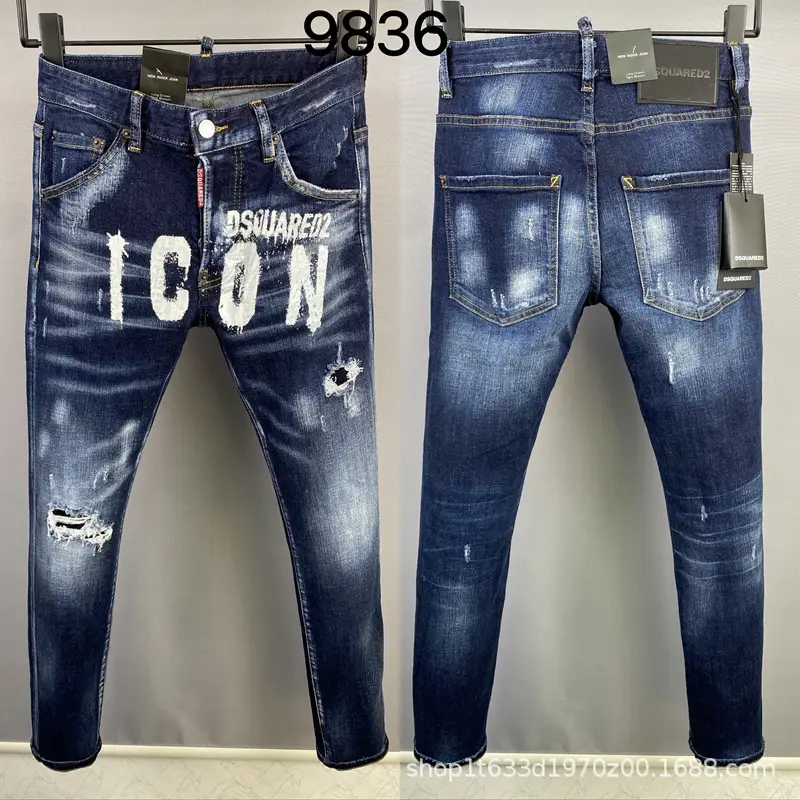 9836 2023D2 Letter Printed Men's Denim Pants Cat Claw Mark Ripped Small Straight Leg Cross Border Jeans