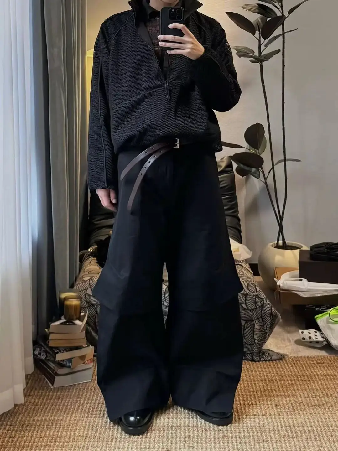 Yangiri Imported 6*6 Checkered Stiff Fabric Multi-Panel Three-Dimensional Cut Pocket Trousers