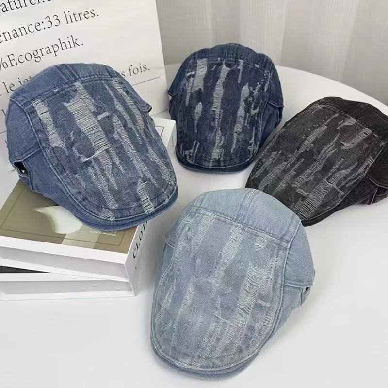 Summer Washed Hole Denim Forward Hat Korean Retro Duck Tongue Beret Fashion All-match Sunshade Sunscreen Women