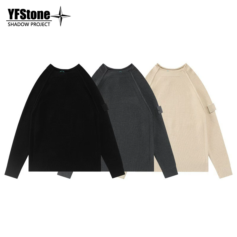 YFSTONE trendy brand stone new classic cuff car logo sticker round neck shoulder down long sleeved knitted sweater with core spun yarn sweater