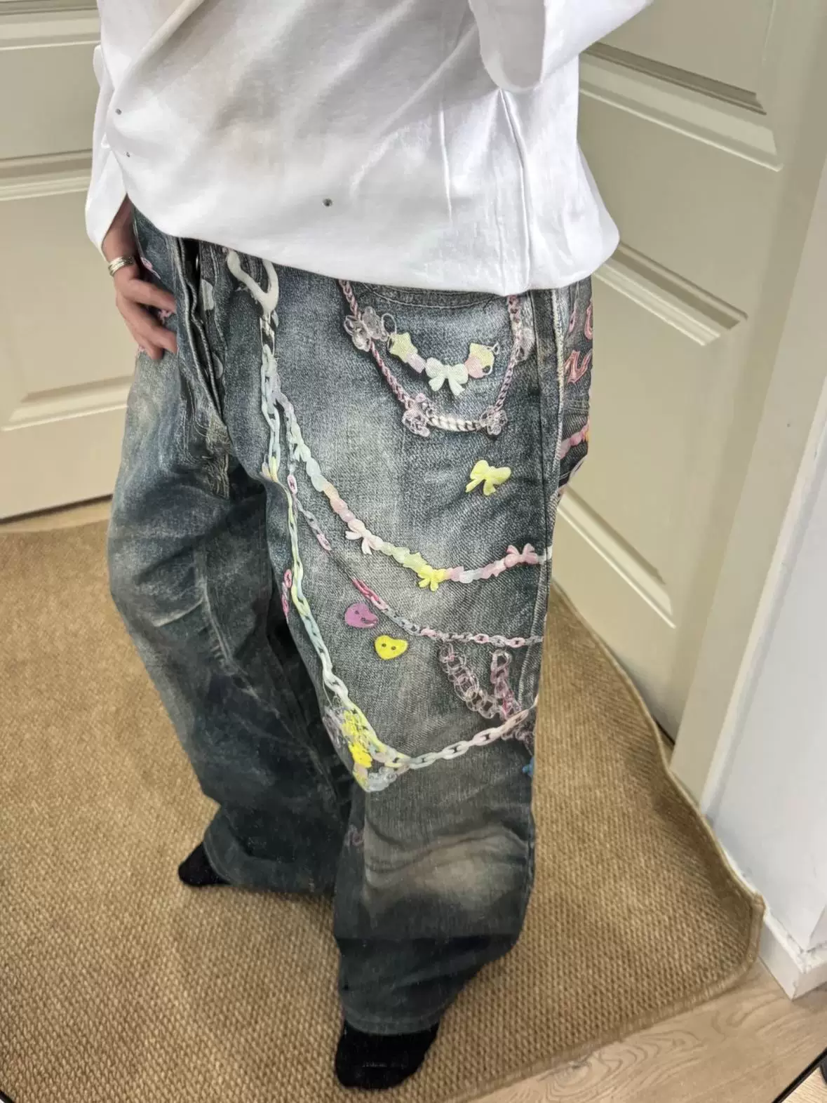 Correct Ac Style 25Fw Distressed Wrinkled Honeycomb Digital Print 3D Chain Print Baggy Loose Jeans Foto QC de TAOBAO na Qualit.ly
