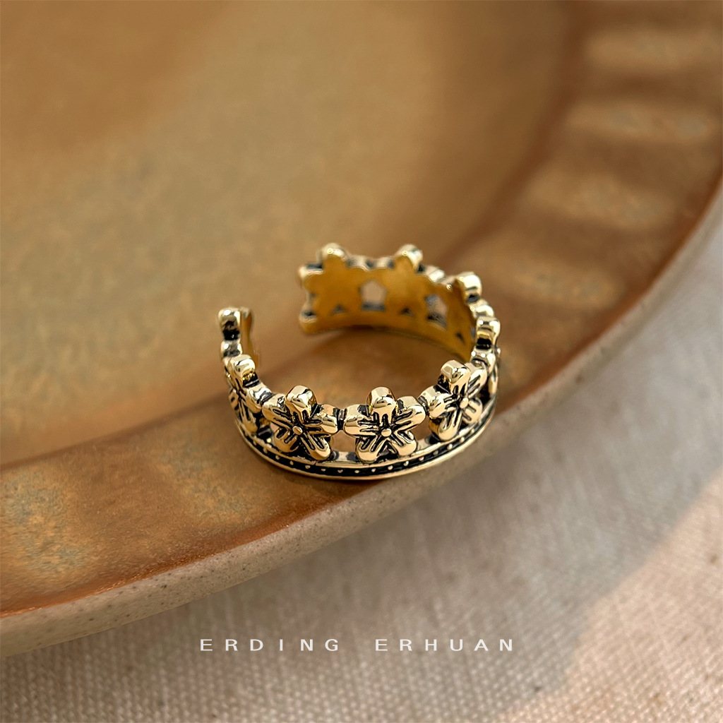 Artistic Retro Vintage-Style Tarnished Gold-Plated Adjustable Ring with a High-End Feel, New Model Hand Jewelry Factory