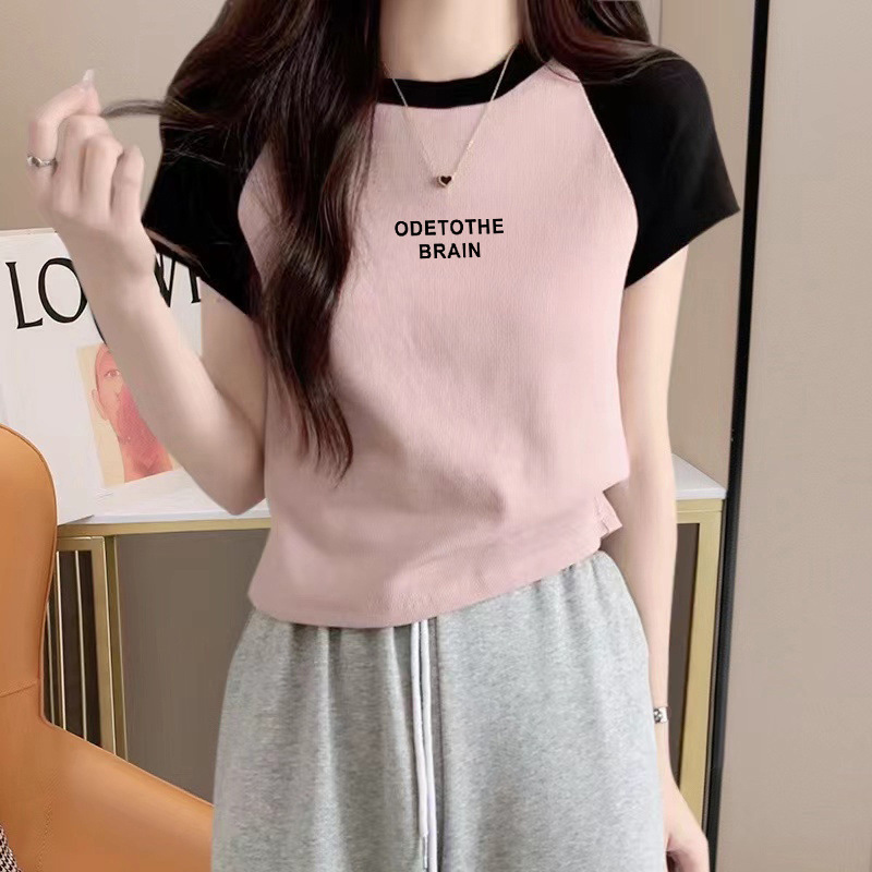 Raglan Short-Sleeved T-Shirt for Women in Summer Niche Design Sweet Sexy Right Shoulder Short Top for Small People
