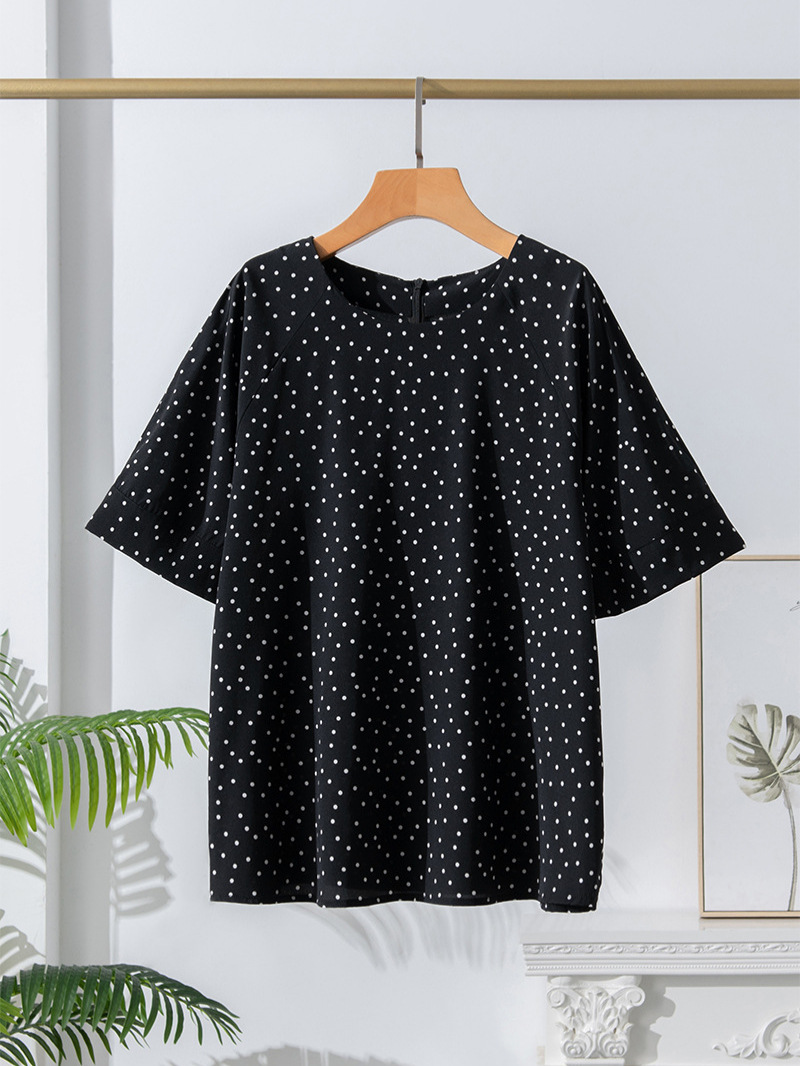 Summer Silk Short-sleeved T-shirt Women's New Retro Polka Dot Round Neck Mulberry Silk Top Commuter Loose Base Shirt