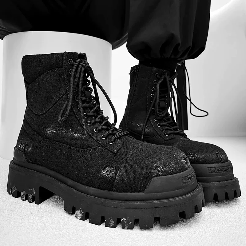 High-quality big-head Martin boots for men 2025 new style heightened black canvas ripped old work boots