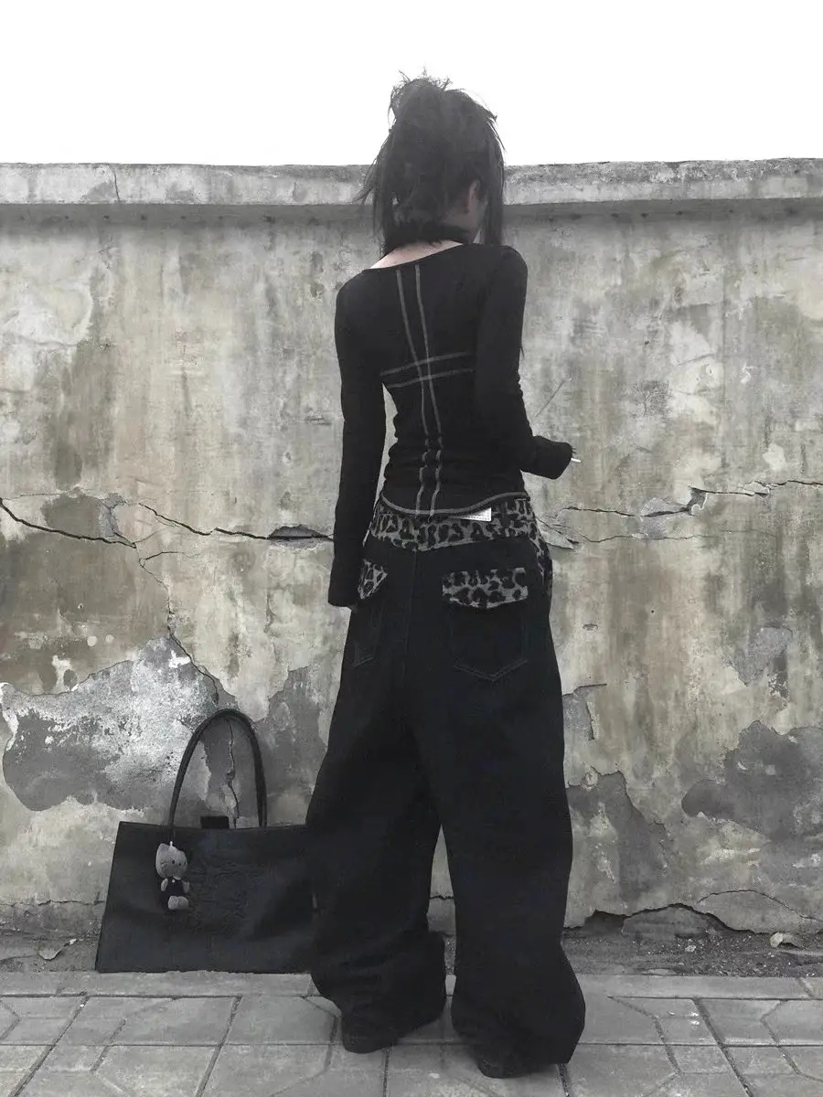 No E Mosen (Noe) Leopard Print Waist Stitching Burnt Pants Chain Wide Leg Street Baggy Denim Pants