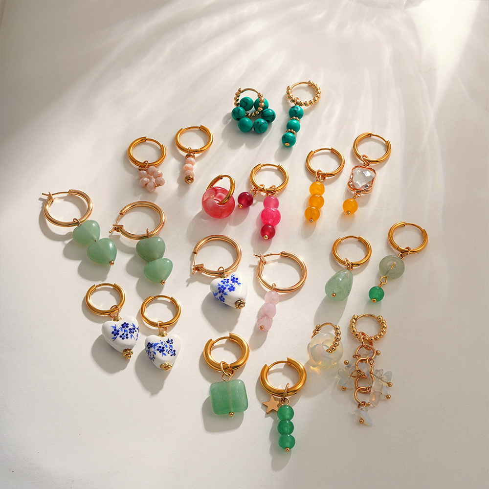 Europe and the United States cross-border Y2K subculture love asymmetric earrings 18K gold stainless steel earrings color natural stone earrings