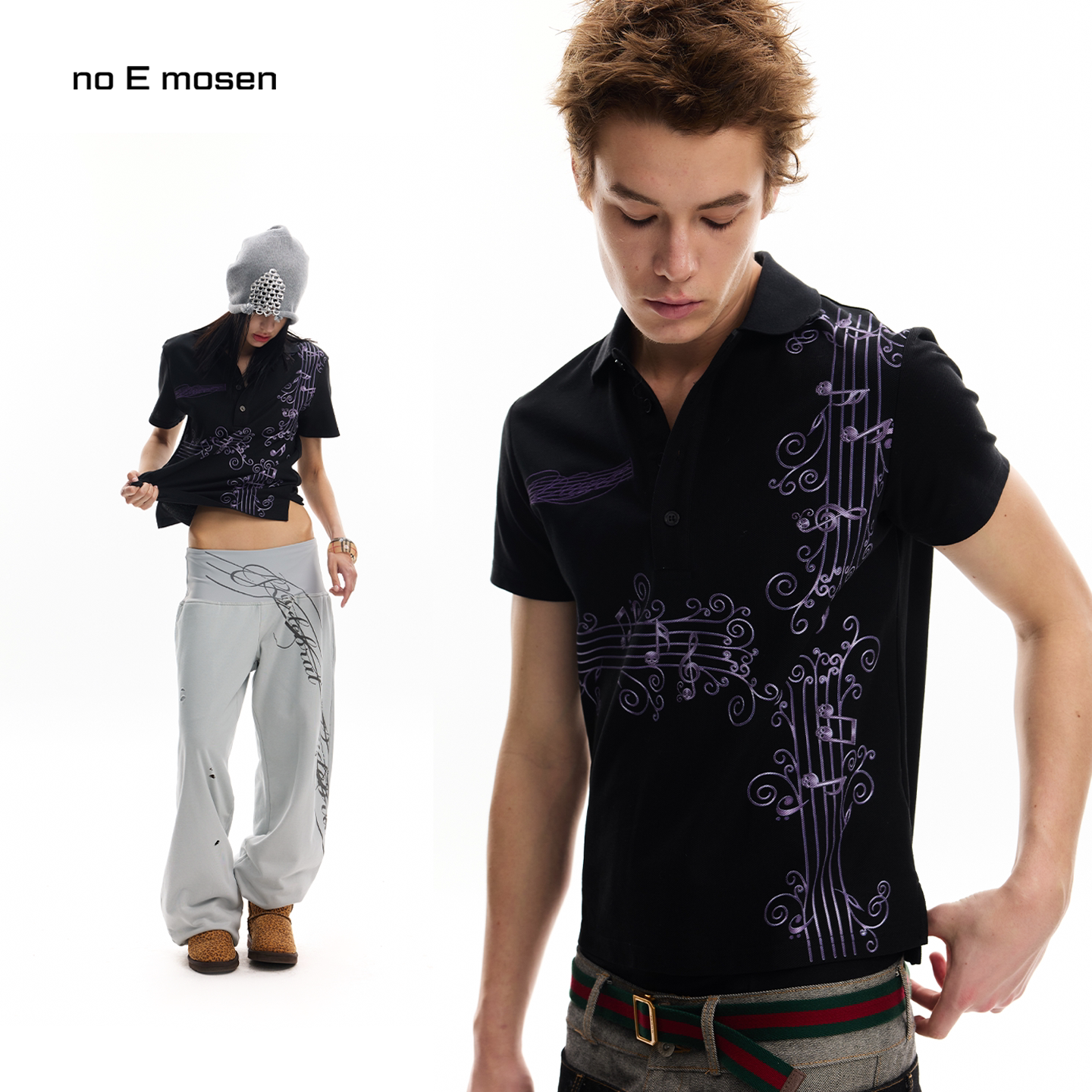 No E mosen (noE) Wisteria Vine Note Large Digital Print Fit Street Short Sleeve Foto QC de TAOBAO na Qualit.ly