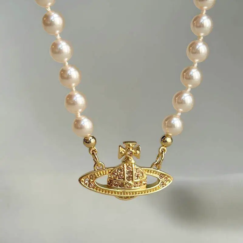 Hos Saturn Gold-Plated Pearl Necklace, the Same Style as Empress Dowager Nana, High-Quality Light Luxury Full Diamond Classic Unisex Clavicle Chain