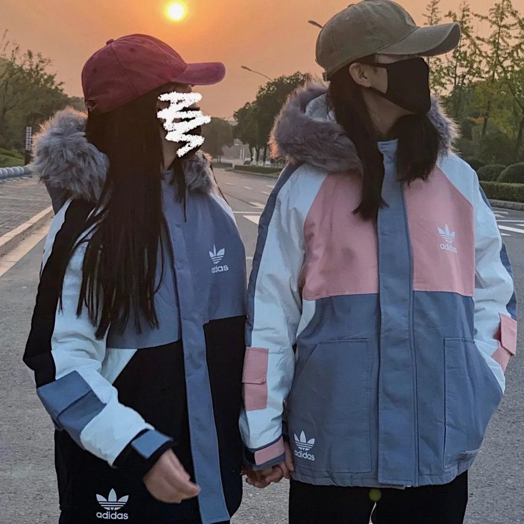 Adidas ins wind clover fur collar padded cotton-padded jacket multi-pocket couples hooded Korean cotton-padded loose casual men and women [finished on December 6]]