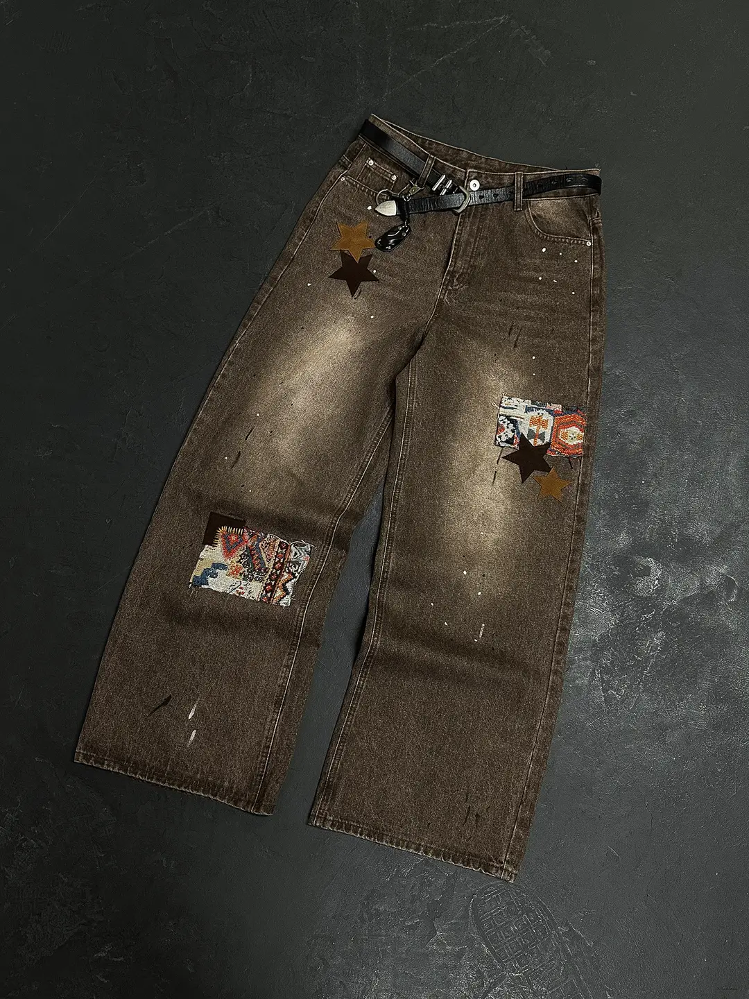 Graydreams American Retro Hand-Painted Denim Jeans, Melard Loose Star Patch Straight-Leg Pants for Women, Trendy