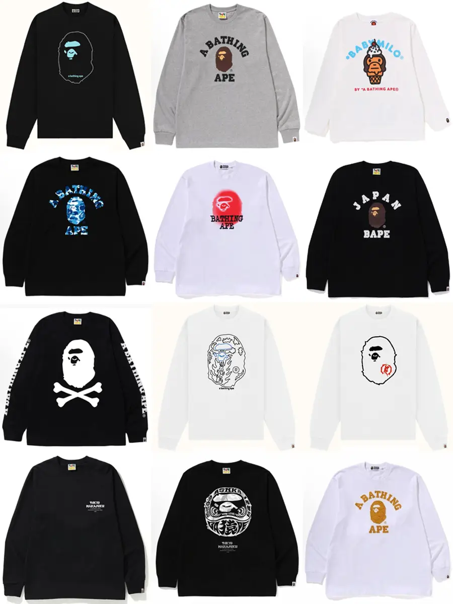Cross-Border Foreign Trade Japanese Trendy Brand Bape Ape Head Long-Sleeve T-Shirt Shark Men and Women Pure Cotton Cartoon Print Base Shirt