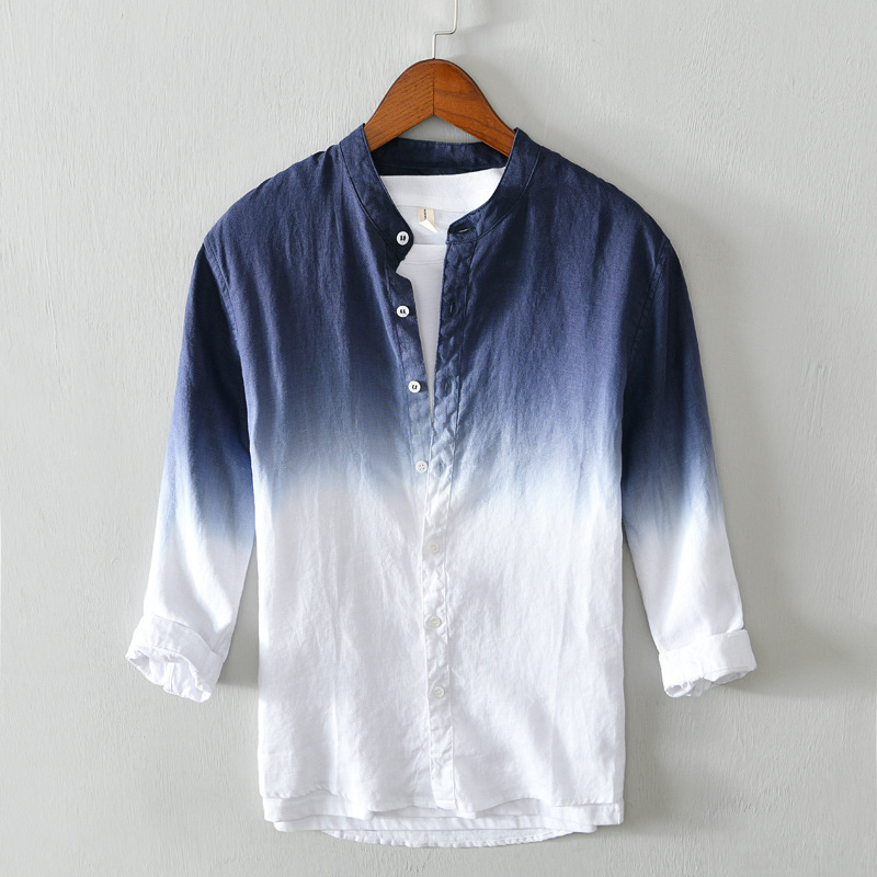 733 Korean fashion personality tie-dyed linen shirt men's personality gradient long sleeve color matching shirt a generation of hair