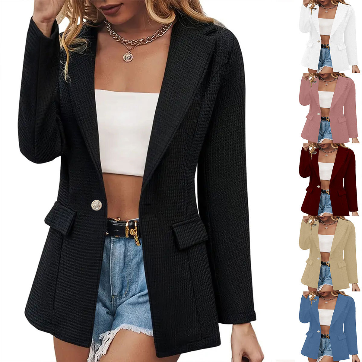 2023 Amazon TEMU European and American cross-border new fake pocket casual fashion long sleeve solid color small suit jacket for women