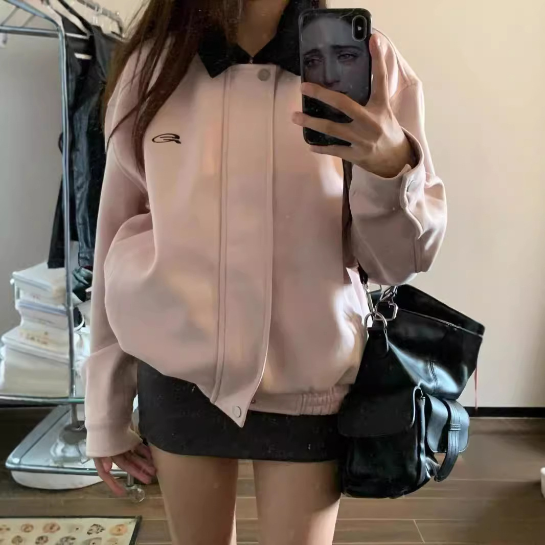 Hong Kong Style Pink Lapel Jacket for Women, Trendy Chinese Brand, Autumn and Winter Loose American-Style Short Street Couple Jacket for Women