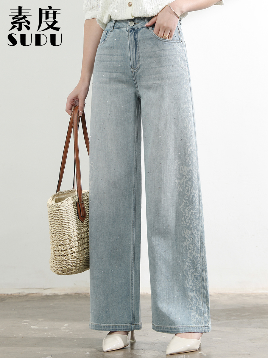 Sudu's New Summer Thin Design Jeans with Side Floral Embroidery and Rhinestones, Heavy Craftsmanship, Wide-Leg Floor-Length Pants, Niche Style