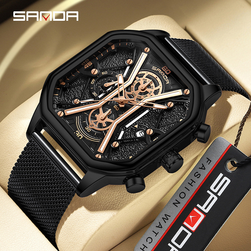 Sanda Trendy Men's Watch Sports Waterproof Fashion Business Square Large Dial Three-Panel Six-Pin Quartz Watch