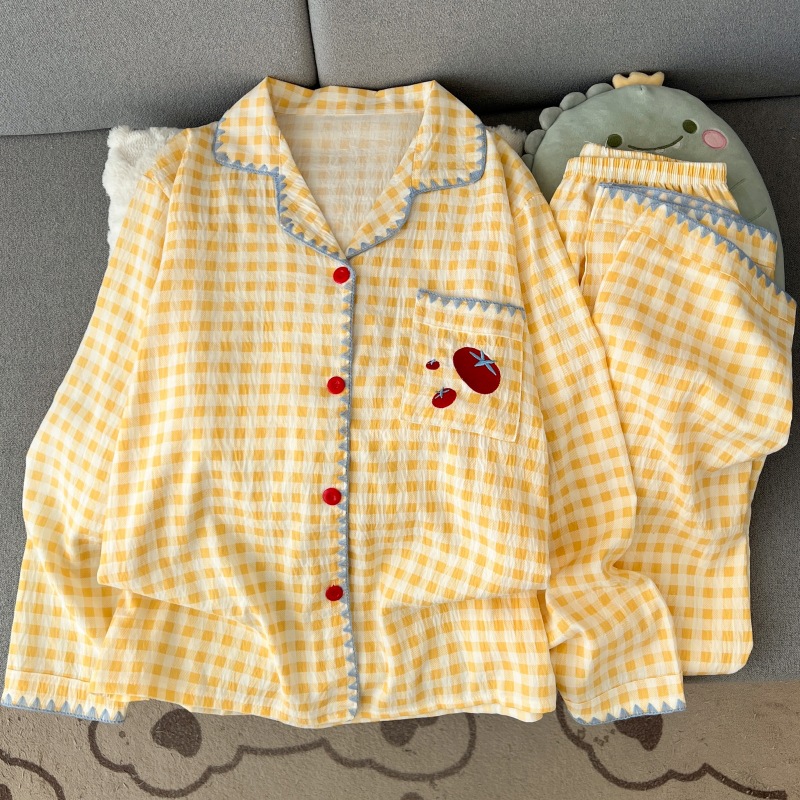 Popular Pure Cotton Pajamas for Women, Spring Ins-Style Sweet Shell Yellow Plaid 2026 New Cardigan Loungewear