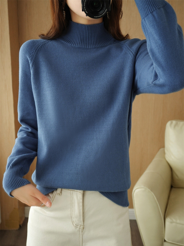 Autumn and Winter 2024 Women's Half-high Collar Simple Solid Color Cotton Thickened Base Shirt Loose Slimming All-match Sweater for Women