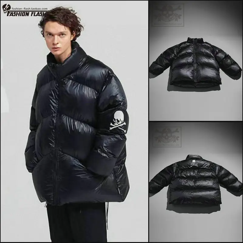 Heavy Weight Mmj Skull Letter Print Stand Collar down Jacket High Street Dark Pure Color Simple Outwear Autumn and Winter Couple
