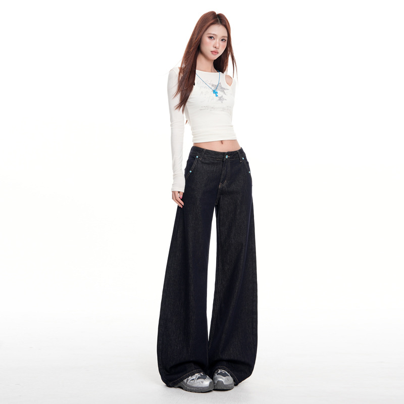 Dark Blue Original Color Scythe Jeans for Women 2026 Spring/Summer New Casual Versatile Drapey Wide-Leg Pants for Women