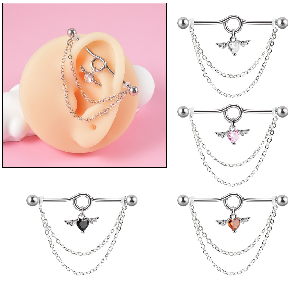 Cross-Border Angel Wings Earrings Double Ear Piercing Industrial Barbell Earrings Heart-Shaped Zircon Chain Pendant Earrings