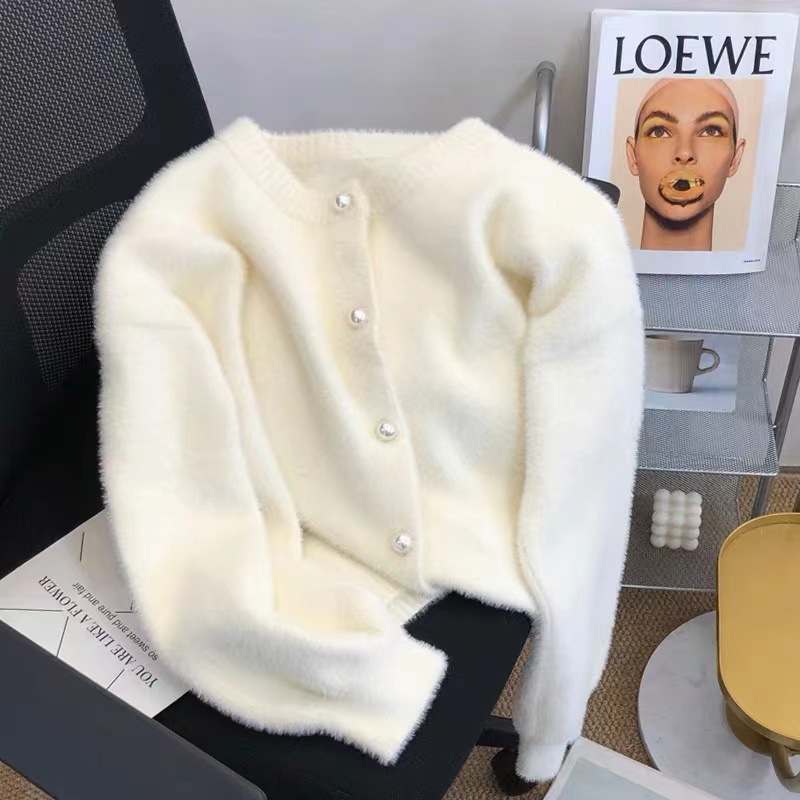 Kaning Milk White Imitation Mink Sweater Jacket for Women 2026 Autumn and Winter New Style Loose Lazy Style Knitted Cardigan