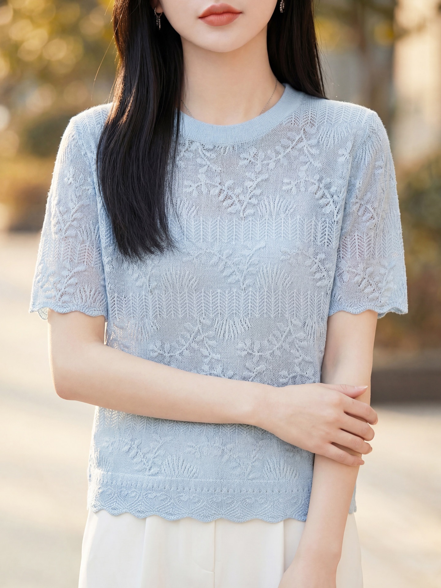 French Romance~Summer Mulberry Silk Wool Knit Short-Sleeve Women's Round-Neck Delicate Hollow Jacquard Half-Sleeve Top Thin