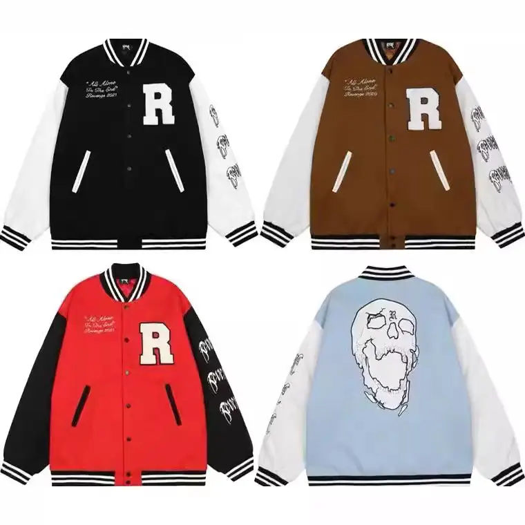 Wholesale cross-border trendy brand Revenge skull embroidery plush letters R baseball jacket thick jacket jacket for men and women