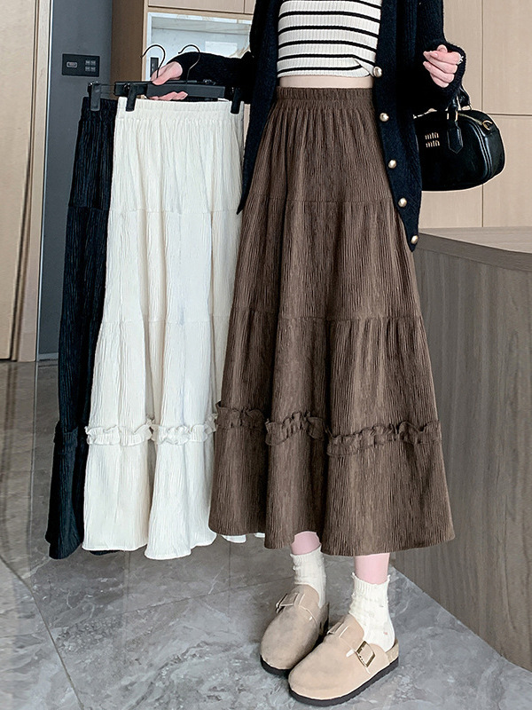 Corduroy Puffy Skirt Spring Autumn and Winter New Mid-length Slim A- line Pear-shaped Material Dipper Cake Skirt Umbrella Skirt