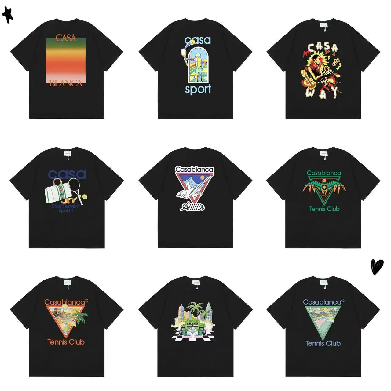 Cross-Border Casblanca Trendy Men's Large Size Loose Casual Men's and Women's Printed Round Neck Short-Sleeved T-Shirts in Stock
