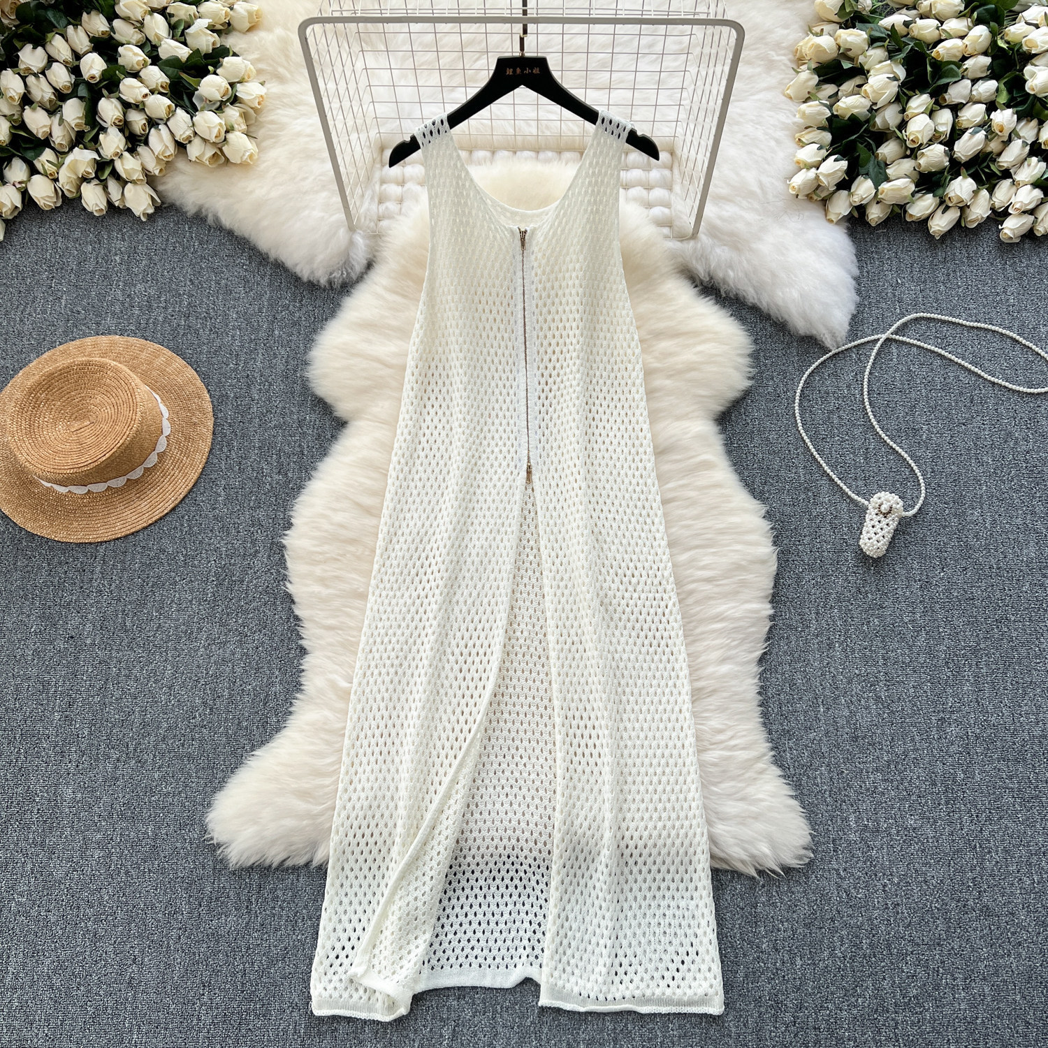 American-Style Spicy Girl Sexy Hollow-Out Tank Dress for Women, Summer Layered Fashion High-Slit Mid-Length Knit Dress