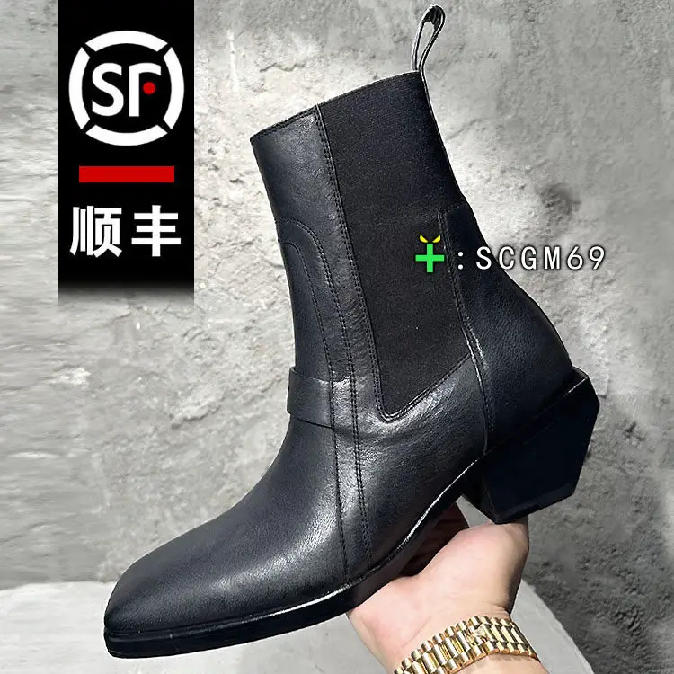 -Scgm69- Dark Cube Slanted Height-Increasing 6cm Thick-Soled Chelsea Leather Boots High-Heeled Ro Square-Toe Genuine Leather Boots