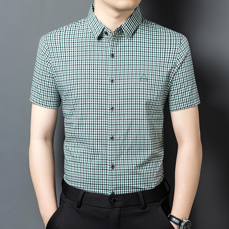 Summer New Style Men's Young Business Casual Simple Plaid Lapel Short-Sleeved Shirt