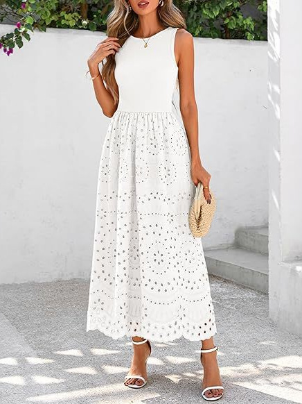 Cross-border Women's Spring 2025 New Hollow Lace Mesh Sleeveless Vest Pocket dress Women Amazon