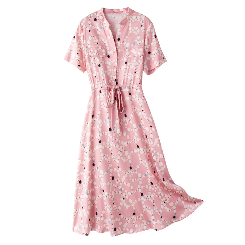 Elegant Satin Heavy Silk Dress for Women, New Summer Style, Waist-Cinching Slimming Shirt, Mulberry Silk Elegant Dress