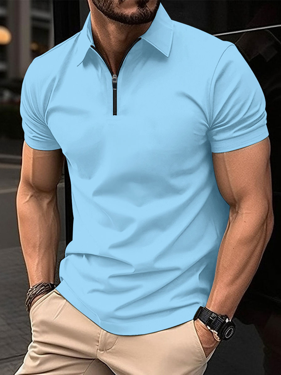 Cross-border Amazon European and American Men's Summer Solid Color Zipper Polo Daily Casual Sports Lapel Short-sleeved Polo Suit