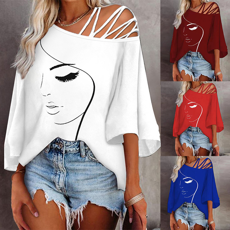 New Wholesale Amazon Independent Station Autum European and American Fashion Splicing Loose Casual Tops Women's Printed T-Shirts