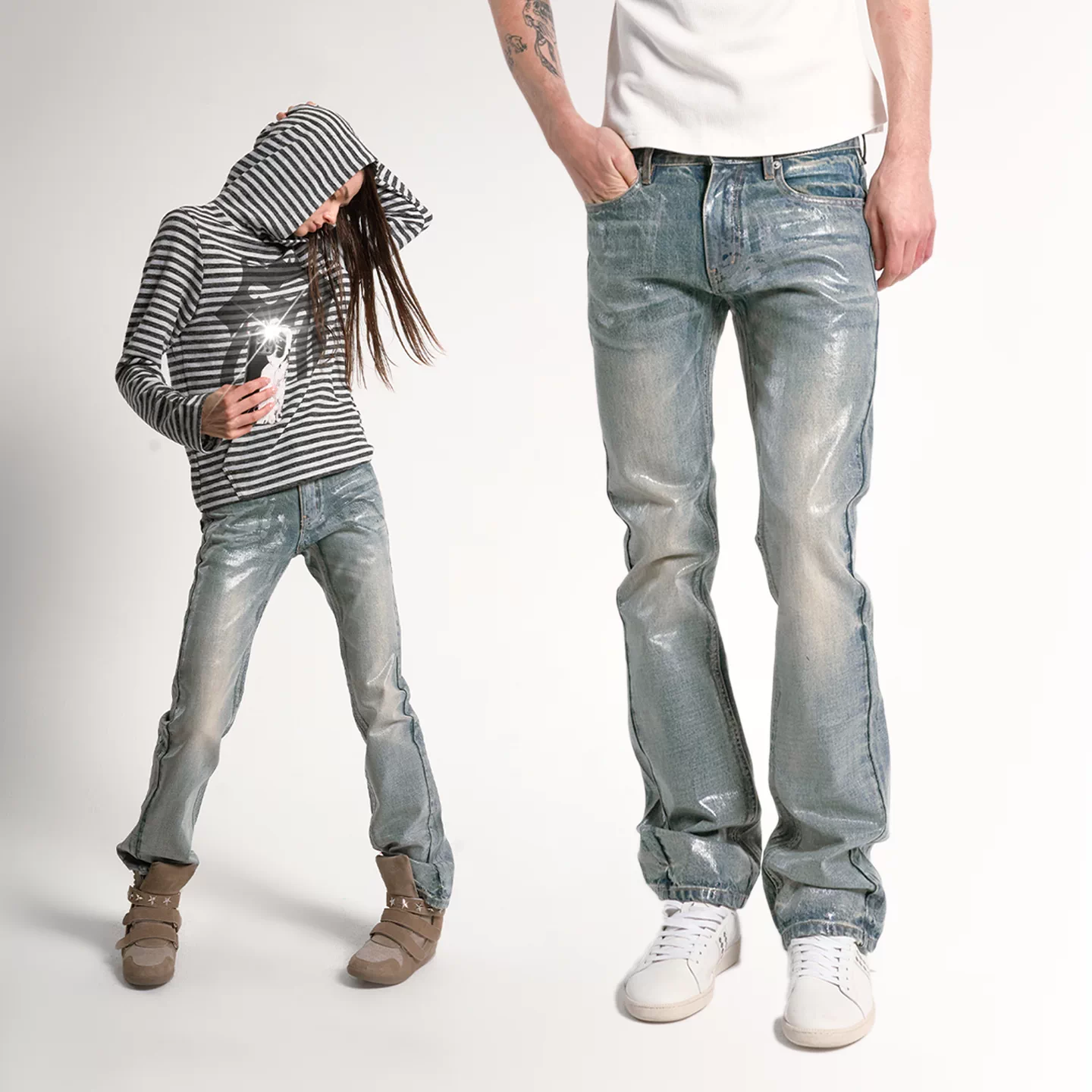 NoEmosen (noE) Ice Blue Brushed Glue 00S Crack Glue Feel Water Washed Fit Micro Pull Jeans