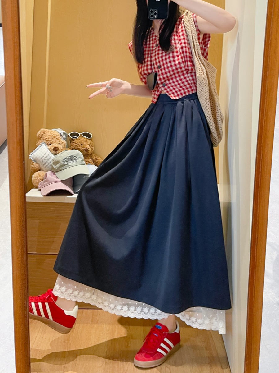 French-Style White Petticoat with Sweet Lace, Summer A-Line Patchwork Flared Skirt, Versatile Lace Slimming Long Skirt