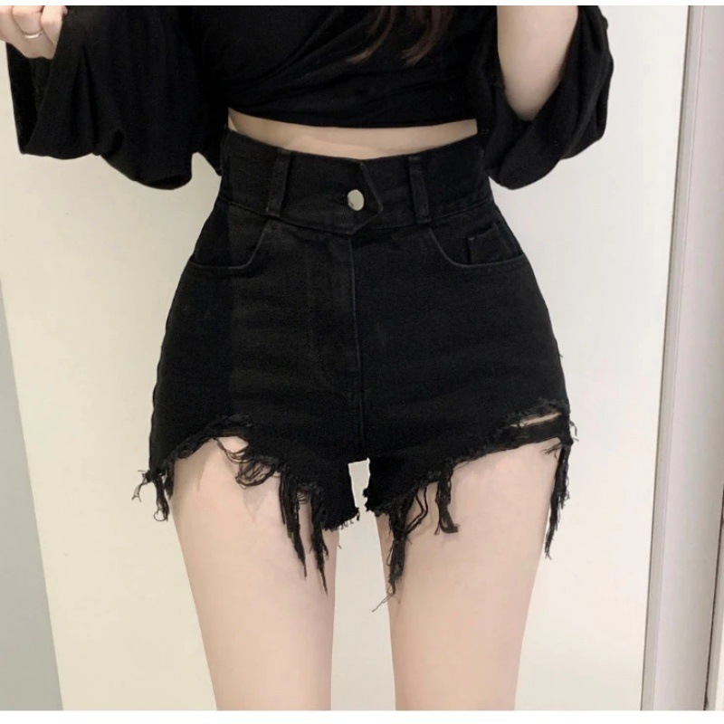 High-waisted Denim Shorts Women's Korean-style Summer Latest Rapped Ripped Waist Slimming Large Long Legs Sexy Straight Hot Pants