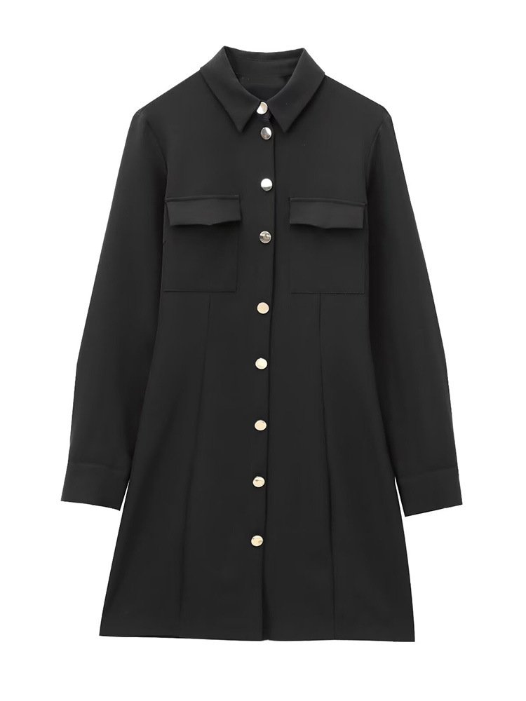 New Fashion Women's Elegant All-match Crepe Single-breasted Long-sleeve Lapel Straight Casual Pocket Mini dress
