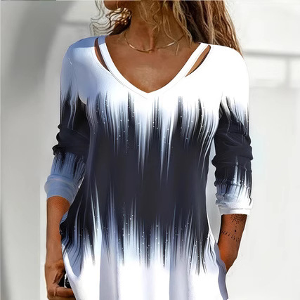 European and American 2025 Spring and Summer New Amazon Wish Export Personalized Tie-Dye Gradient Color Long-Sleeved V-Neck T-Shirt Women's Tops