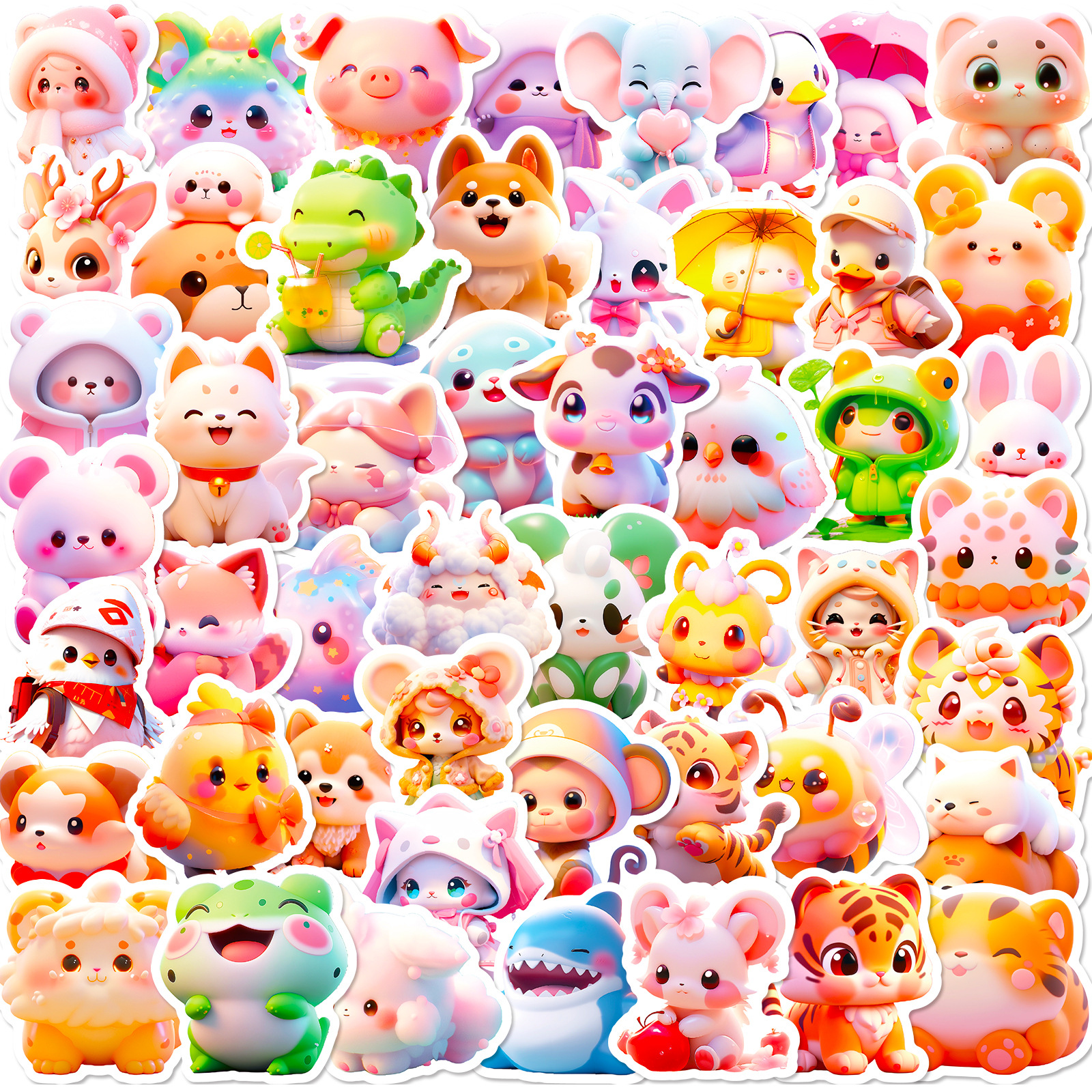 New 50 Cute Pink Animal Stickers Cartoon Animation 3D Avatar Graffiti DIY Luggage Stickers